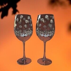 Halloween Skull Glass Wine Glasses Pair
